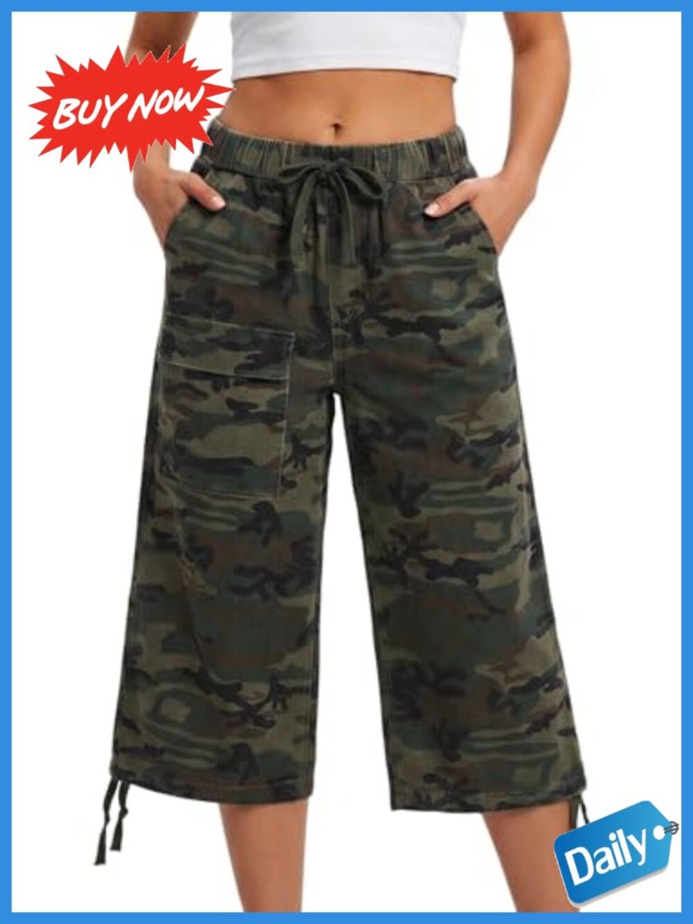 YOCUR 100% Cotton Camo Cargo Capri Wide Leg Cropped Pants Drawstring